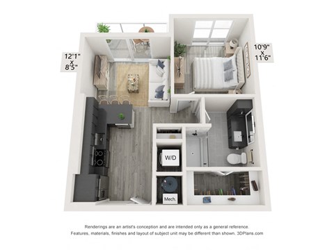 Floor plan for 1 bed, 1 bath, 592 sqft